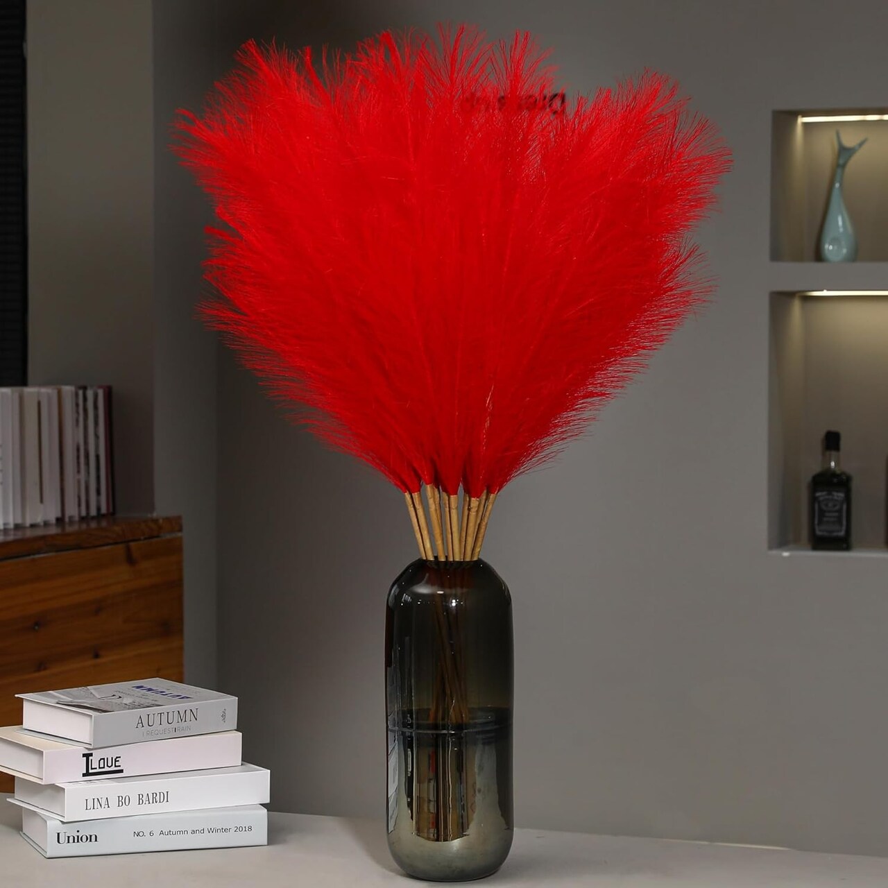 9 Stems Red Pampas Grass – 38 Inch Tall Fluffy Faux Pampas for Living Room, Wedding Centerpieces & Home Décor